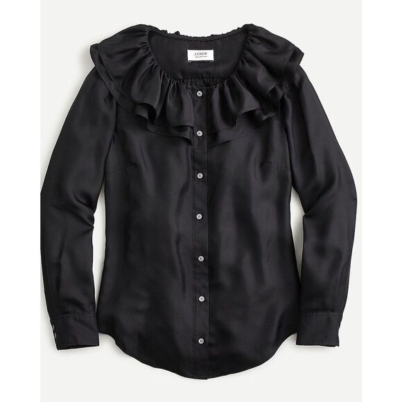 J Crew Collection Preppy Sz XS silk twill ruffle collar top Black-AU260 - Picture 1 of 7